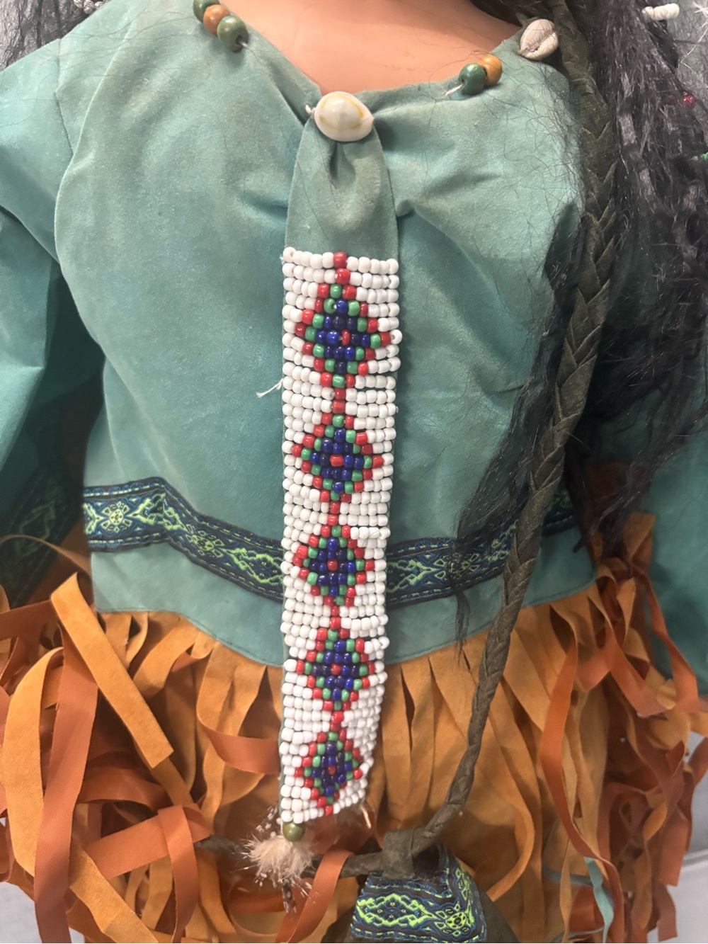 Native Style Collectible Doll with Teal Top and Tan Fringe Skirt - Picture 9 of 16
